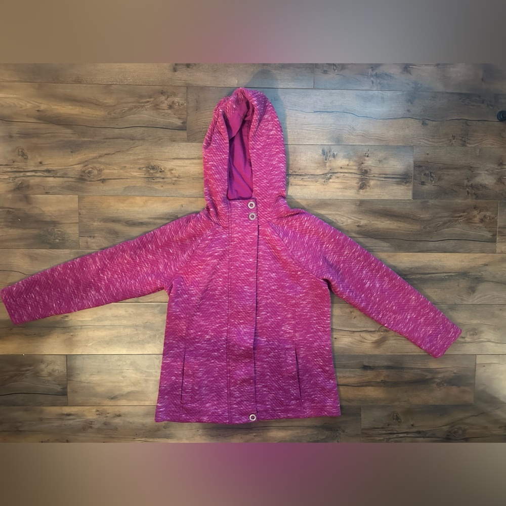 💕 T by Talbots Quilted Knit Longline Hooded Jacket | Size M | Raspberry Heather - Picture 3 of 10